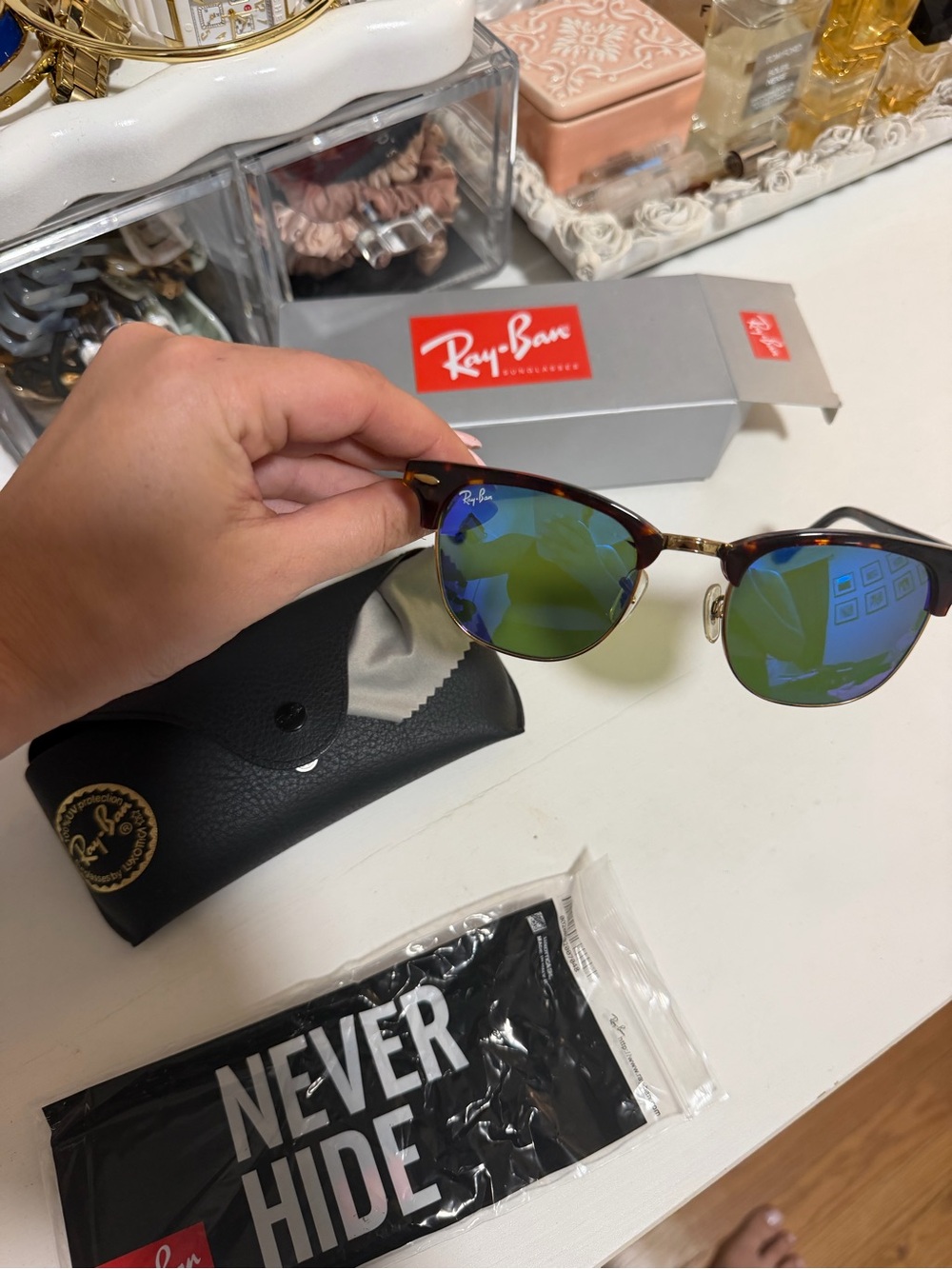 Ray-Ban Tortoise Frame Sunglasses with Green-Blue Mirror Lenses